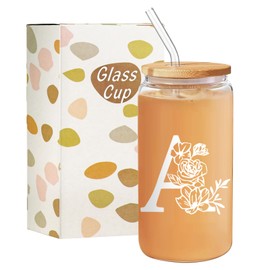 Vasos de Cristal, 16oz Vasos de Vidrio con Tapa y Popote, Tarros de Cerveza, Adecuado para Fiestas de Restaurantes, Té de la Tarde, Helados, Cerveza, Jugos, Cócteles, Limonada (Alphabet A)