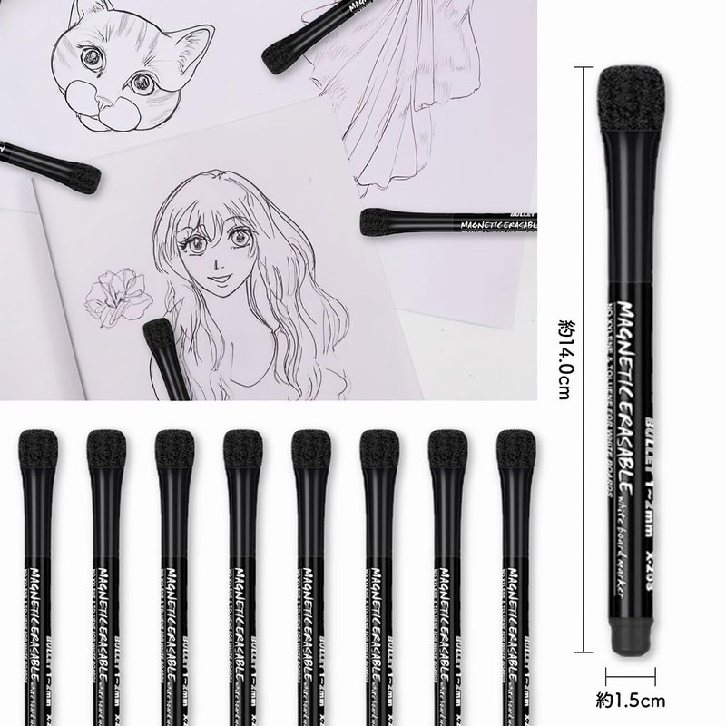 Whiteboard Pens, Set of 8 Black with Magnet, Eraser, Water