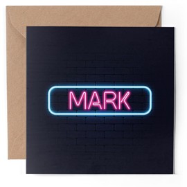 1 x Greeting Card - Neon Sign Design Mark Name - Blank Birthday Celebration Anniversary #352267