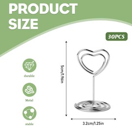 JRYGAC Pack of 30 Silver Place Card Holders, Photo Holder, Card Stand, Menu Card Holder, Photo Holder with Clips, Memo Holder, Place Card Holder for Weddings, Banquets, Parties (Heart-shaped)