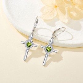 ONEFINITY Cross Earrings for Women 925 Sterling Silver Cross Birthstone Dangle Drop Earrings Infinity Cross Religious Jewelry Gifts for Women (08-Aug-Created Peridot)