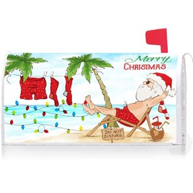 Texupday Merry Christmas Santa Claus Tropical Beach Hawaii Mailbox Cover with Magnetic Strip Winter Coastal Mailbox Wraps Post Letter Box Cover Standard Size 21" X 18" for Garden Outdoor Yard Decor