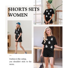 MARZXIN Women's 2 Piece Outfits Summer Tracksuit Ribbed Textured Knit Loose Lounge Shorts Set Short Sleeve Matching Sets Black Ghost S