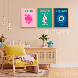 OAOPIC Travel Arts Print Set 12x16in, Famous Beach City Palm Bondi Mykonos Canvas Wall Art, Trendy Preppy Travel Paintings, Colorful Boho Wall Decor for Bedroom 3 Pieces Unframed