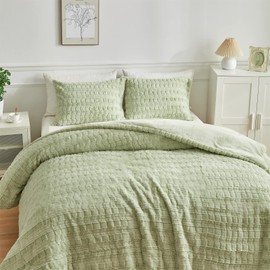 Lotus Karen Fluffy Comforter Cover Set Queen Size Ultra Soft Shaggy Faux Fur Duvet Cover Set 3 Pieces Luxury Plush Fuzzy Bedding Sets, 1 Duvet Cover +2 Pillowcases (Rectangle Pattern, Sage Green)