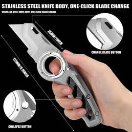 Tondiamo 2 Pcs Folding Pocket Utility Knife Heavy Duty Box Cutter Folding Razor Knife with Anti Slip Finger Loop Easy Change Blades 3 Lock Positions Design(Gray)