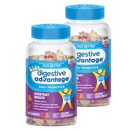 Digestive Advantage Kids Natural Fruit Flavors Probiotic Gummies for Kids Occassional Bloating, Minor Abdominal Discomfort & Gut Health, 60 Count Gummies (2 Pack)