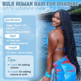 Human Braiding Hair for Boho Braids 150g 14 Inch 6 Bundles/Pack Dark Brown Human Hair Deep Wave Bundles Boho Hair for Braiding 12A Knotless Human Hair Braiding Hair Curly Human Hair Extensions 2#