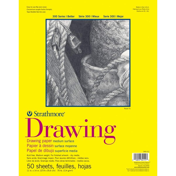 Strathmore 300 Series Drawing Paper Pad, Glue Bound, 11x14 inches, 50 Sheets (70lb/114g) - Artist Paper for Adults and Students - Charcoal, Colored Pencil, Ink, Pastel, Marker