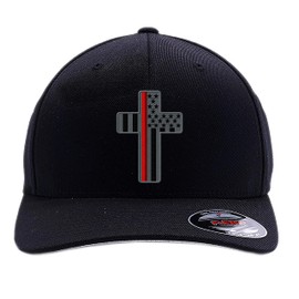 Firefighter Thin Red line Hereos Cross/Thin Blue line Heroes Cross American Flag Custom Embroidered Flex Fitted Baseball Hat (Black, L/XL)