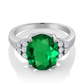 Gem Stone King 925 Sterling Silver Green Simulated Emerald and White Created Sapphire Women's Ring (6.12 Cttw, Oval 14X10MM, Available In Size 5,6,7,8,9)