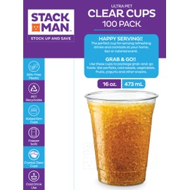 Crystal Clear Disposable Plastic Cups PET [100 Pack - 16 oz.]