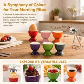 Ceramic Egg Cups for Soft Boiled Eggs - Set of 6 Colorful Boiled Egg Holder with Egg Topper Cutter - Elegant Kiln-Altered Glaze Porcelain Cups for Kitchen Breakfast Brunch - 6cm High Stable Design