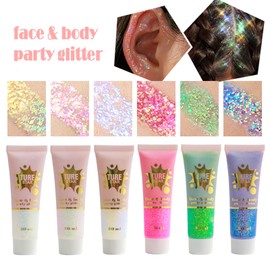 Body Glitter Gel, Face Glitters Body Gel Sequins Shimmer Liquid Eyeshadow, Glitter Sequins Chunky for Glitter Face Hair Lips Nails Make Up Cosmetics Festival Party 30 ml