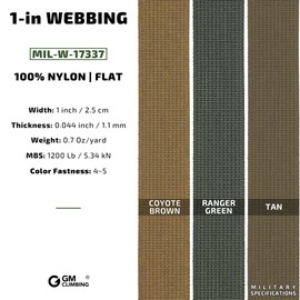 GM CLIMBING MIL-W-17337 Nylon Webbing Flat MilSpecs 1200Lbs for Tactical Goods, Backpack Straps, Loops, Slings, PALS MOLLE Webbing Adapter 1 inch x 30Ft / 10 Yards Tan 499