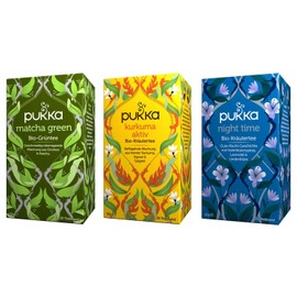 Pukka Bio-Tee Set, Teeauswahl für den ganzen Tag mit den Teesorten Matcha Green, Kurkuma Aktiv und Night Time. Auswahl an Bio-Kräutertees, 100% bio,fair und nachhaltig (3 Teepackungen à 20 Teebeutel)