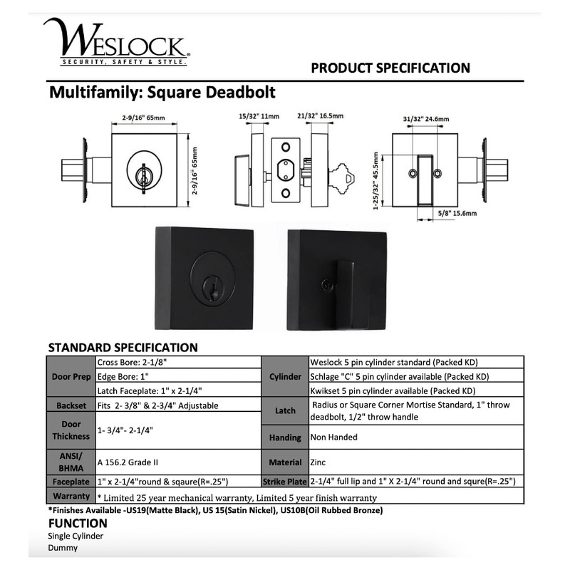 Weslock Square Deadbolt Matte Black Single Cylinder (1)