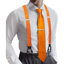 Barry.Wang Suspenders Tie Set for Men and Women Orange Paisley Y-Back Adjustable Suspender Necktie Clip Set Wedding Prom