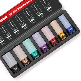 MIXPOWER 7PCS 1/2" Drive Wheel Protector Impact Socket,Thin Wall Deep Impact Socket Set, Durable Plastic Sleeve Lug Nut Socket, 6-Point, Metric, Color-Coded, 17mm, 19mm, 21mm, 22mm, 23mm, 24mm,27mm