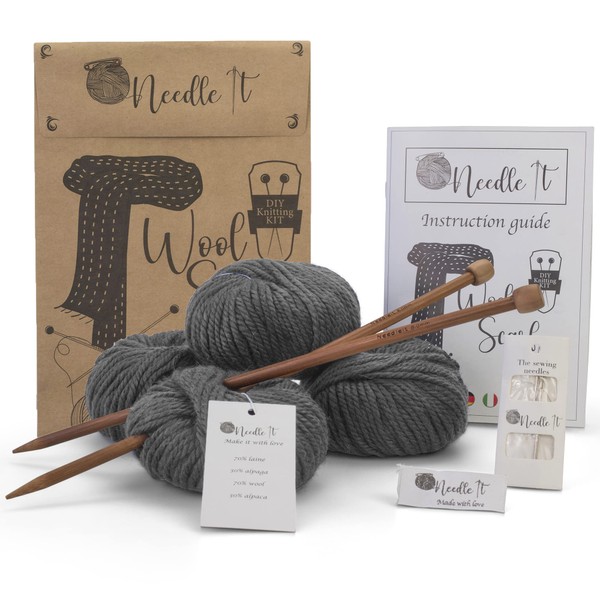 Needle It® - Complete Beginner's Knitting kit with Knitting Needles - Knitting Wool Scarf - Gift Idea (Grey)