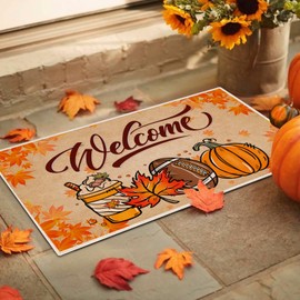 BTPIEL Fall Door Mat 17x29 Inch, Pumpkin Football Fall Welcome Doormat Outdoor, Autumn Rugs for Front Door Kitchen Porch Decor