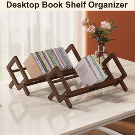 Aofure Premium Desktop Bookshelf, Bamboo Desk Bookshelf, Retro Brown Book Rack Shelf Organizer, Stable Bookshelves Storage, Tabletop Large Magazine Holder Racks for Magazines, Books, Files