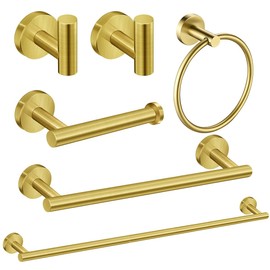 6 Pieces Brushed Gold Bathroom Hardware Accessories Set Hand Towel Ring 16&23.6 Inch Round Towel Bar Gold Toilet Paper Holder Towel Hooks 2 Pieces SUS 304 Stainless Steel, Heavy Duty, Wall Mounted
