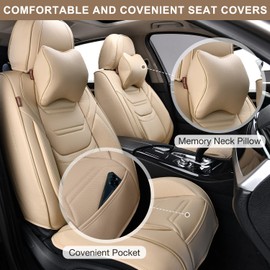 TIEHESYT Beige Car Seat Covers Full Set, Breathable Leather Automotive Front and Rear Seat Covers & Headrest, Automotive Seat Cover, Compatible with Most Cars Sedans SUV Pickup Trucks
