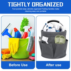 XEERUN Freestanding Tool Basket, Cleaning Supplies Organiser, Portable Cleaning Bag, Cleaning Caddy, Foldable Cleaning Bag, with Handle and 6 Pockets, for Indoor, Garden, Bathroom, Grey