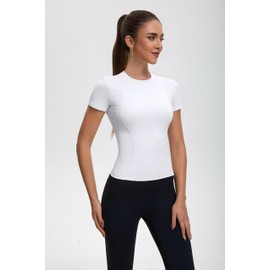 BJY Womens White Workout Compression Shirts,Athletic Quick Dry Yoga Gym Pilates Shapewear Tops,Cute Crop Y2K Short Sleeve Clothes