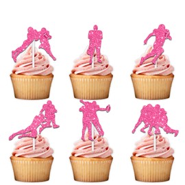 18pcs Pink Glitter Silhouette Dessert Cupcake Topper Pick for Rugby Ball Touchdown Sport Game Day Theme Decor Supplies Men Women Happy Birthday Party Decorations