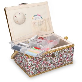 Navaris Sewing Box Sewing Box Sewing Case for Handmade - Basket with Practical Carry Handle - Handmade Basket with Sewing Accessories - Floral Design
