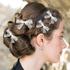 4Pcs White Lace Hair Clip Hair Bows Ribbon Design Hairpins Accessories for Wedding Birthday