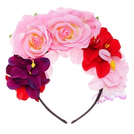 DXGSHSA Mexican Rose Flower Crown Headband, Day of The Dead Floral Rose Headpiece, Flower Crown Wreath Decoration for Halloween Costume Party (Pink)