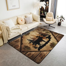 Moose Cabin Area Rug Retro Brown Wooden Stripes Farmhouse Non Slip Rug for Kids Teens Adults Pine Cones Trees Wild Animal Paw Print Non Shedding Rug for RV Housewarming 3'x5'