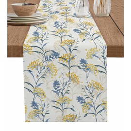 Summer Flower Table Runner 108 Inches Long for Dining Table, Yellow Blue Floral Farmhouse Table Runner Washable Botanical Coffee Table Runners Dresser Scarf for Kitchen Party Holiday