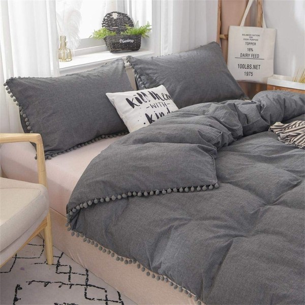 Softta Grey Bedding Set Twin Duvet Cover Pom Pom Ruffle Girls Duvet Covers Baby Teen 3 Pcs Vintage Farmhouse Boho Quilt Cover Bohemian 100% Washed Cotton Solid Color Gray
