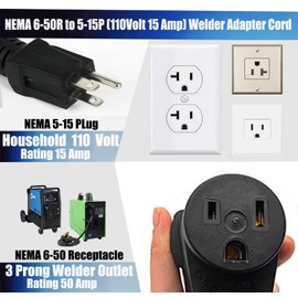 Shinnous NEMA 5-15 110 Volt 15Amp Male Plug to NEMA 6-50 Receptacle 50 Amp Welder Adapter Cord (15Amp Male) 10AWG Heavy Duty 12in