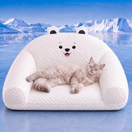 Lineshading Cooling Cat Sofa Bed, Q-max >0.5 Cool-Touch Polar Bear Cat Couch for Indoor Cats, Washable Pet Lounge Chair with Soft PP Cotton Filling, 24 Inch Summer Cats Bed for Kittens and Small Dogs