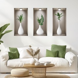 TOARTi 3D White vase Wall Decal, Greenery Plant Wall Sticker 3D Removable Window View Scenery Wall Decals Creative Vase Wall Murals for Living Room Bedroom Kitchen Sofa Background Set of 3 8”X16”