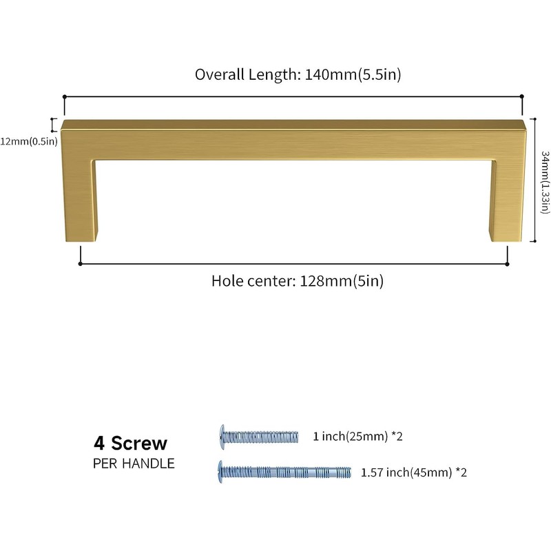 LONTAN 10 Pack Gold Kitchen Handles 128mm Square Brushed Brass