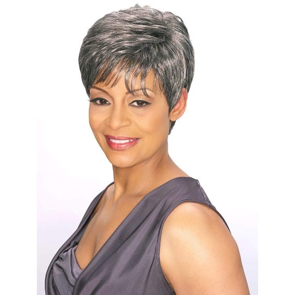 Edna Wig Color 3T280 - Foxy Silver Wigs Short Pixie Wispy Fringe Synthetic Straight Layers African American Women's Machine Wefted Lightweight Average Cap