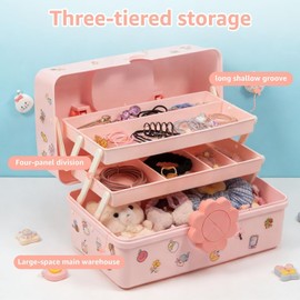 Organizador de accesorios para el cabello con asa para niñas, caja organizadora de tres capas con cerradura para manualidades, caja de almacenamiento de suministros de arte, caja de joyería plegableDu