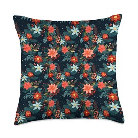 Christmas Wreath Decorations For Home Indoor Red Green Blue Poinsettia Christmas Flowers Decor Room Throw Pillow, 18x18, Multicolor