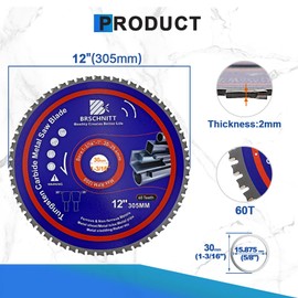 12" Metal Cutting Circular Saw Blade - BRSCHNITT Tungsten Carbide Tipped TCT Saw Blades for Steel, Nickel, Titanium, Ferrous Metals, Steel Pipe（60T Arbor:1-3/16"/1"）
