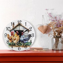 WEVIBOFU Chickens Wooden House Round Wall Clock Silent Non Ticking Rooster Bathroom Clocks 10 Inch Battery Operated Clock for Kitchen Living Room Bedroom Home Decor