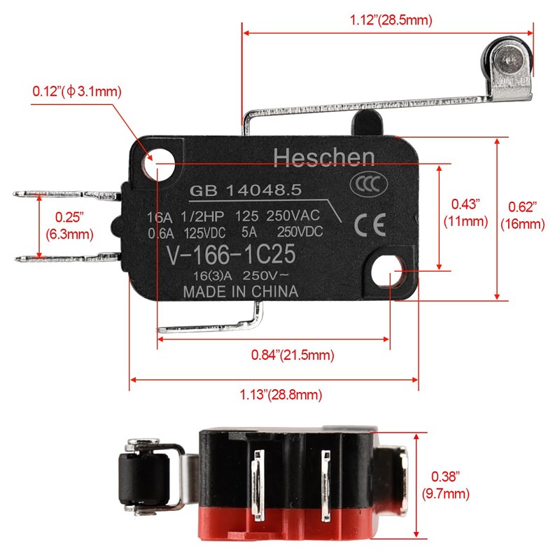 Heschen Microswitch, V-166-1C25, SPDT, Long Roller Lever, 16A 250VAC, Pack