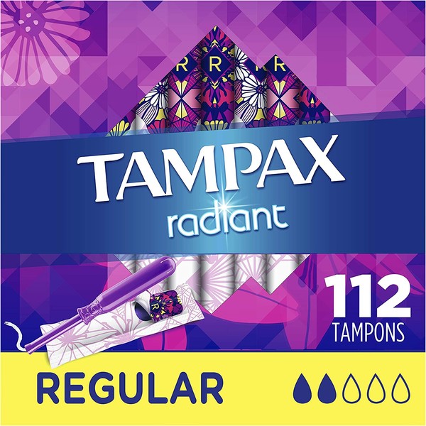 Tampax Radiant Plastic Tampons, Regular Absorbency, Unscented, 28 Count (Pack of 4) (112 Count Total) (Packaging May Vary)