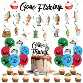 Gone Fishing Party Decorations,Include Hanging Banner Hanging Swirl Balloons and Cupake Topper Party Supplies,Fishing Birthday Party Decorations