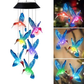 Edearkar Outdoor Solar Wind Chime Light, 6 LEDs Blue Hummingbird Bell Waterproof Decoration Light for Garden Walkway Patio Yard Outdoor Hanging Solar Colorful Wind Chimes Lights, 1 Pack